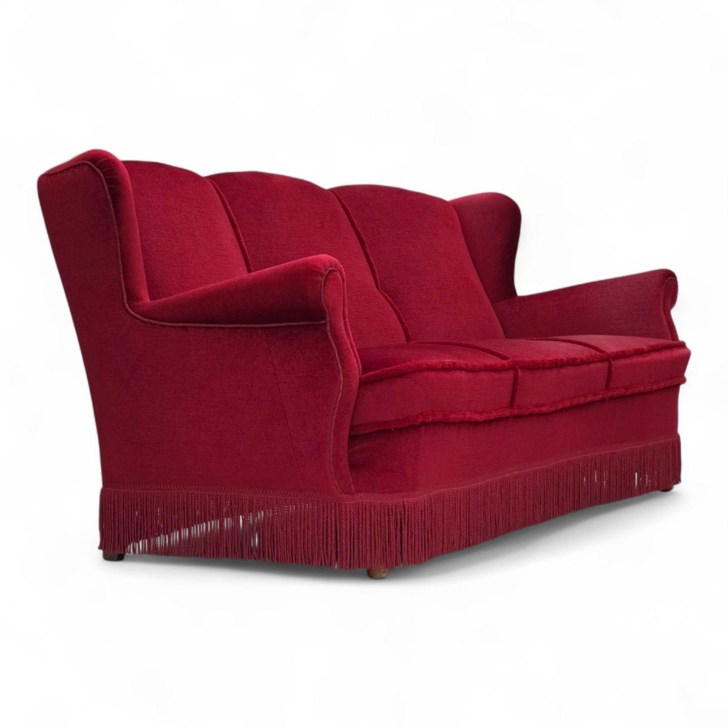 1960s, Danish 3-seater curved sofa, red furniture velour.