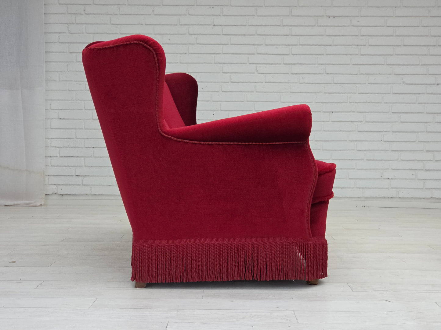 1960s, Danish 3-seater curved sofa, red furniture velour.