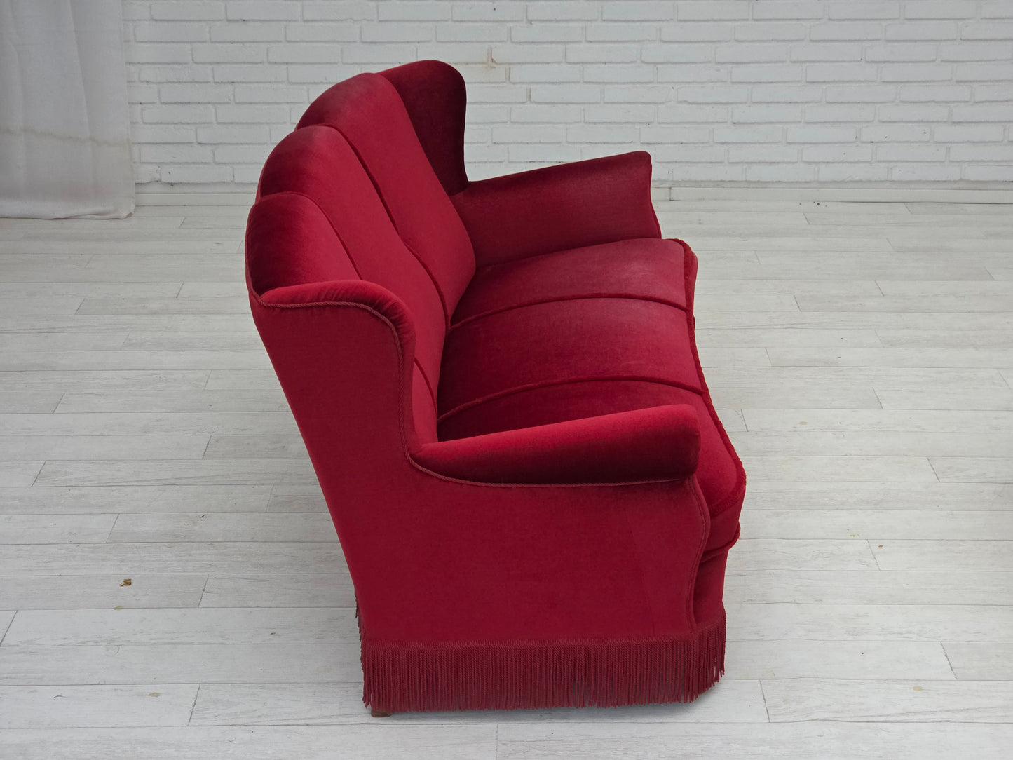 1960s, Danish 3-seater curved sofa, red furniture velour.