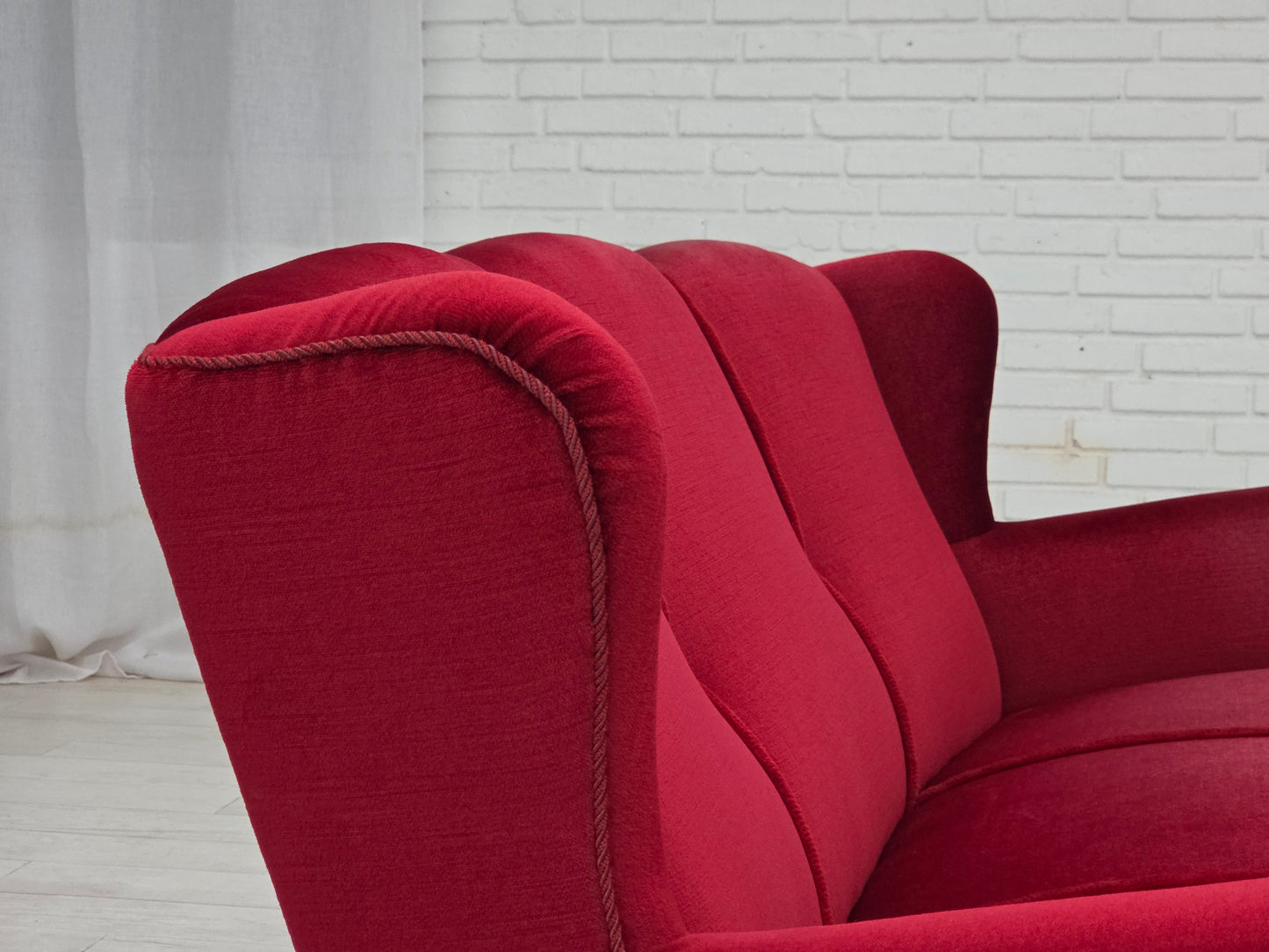 1960s, Danish 3-seater curved sofa, red furniture velour.