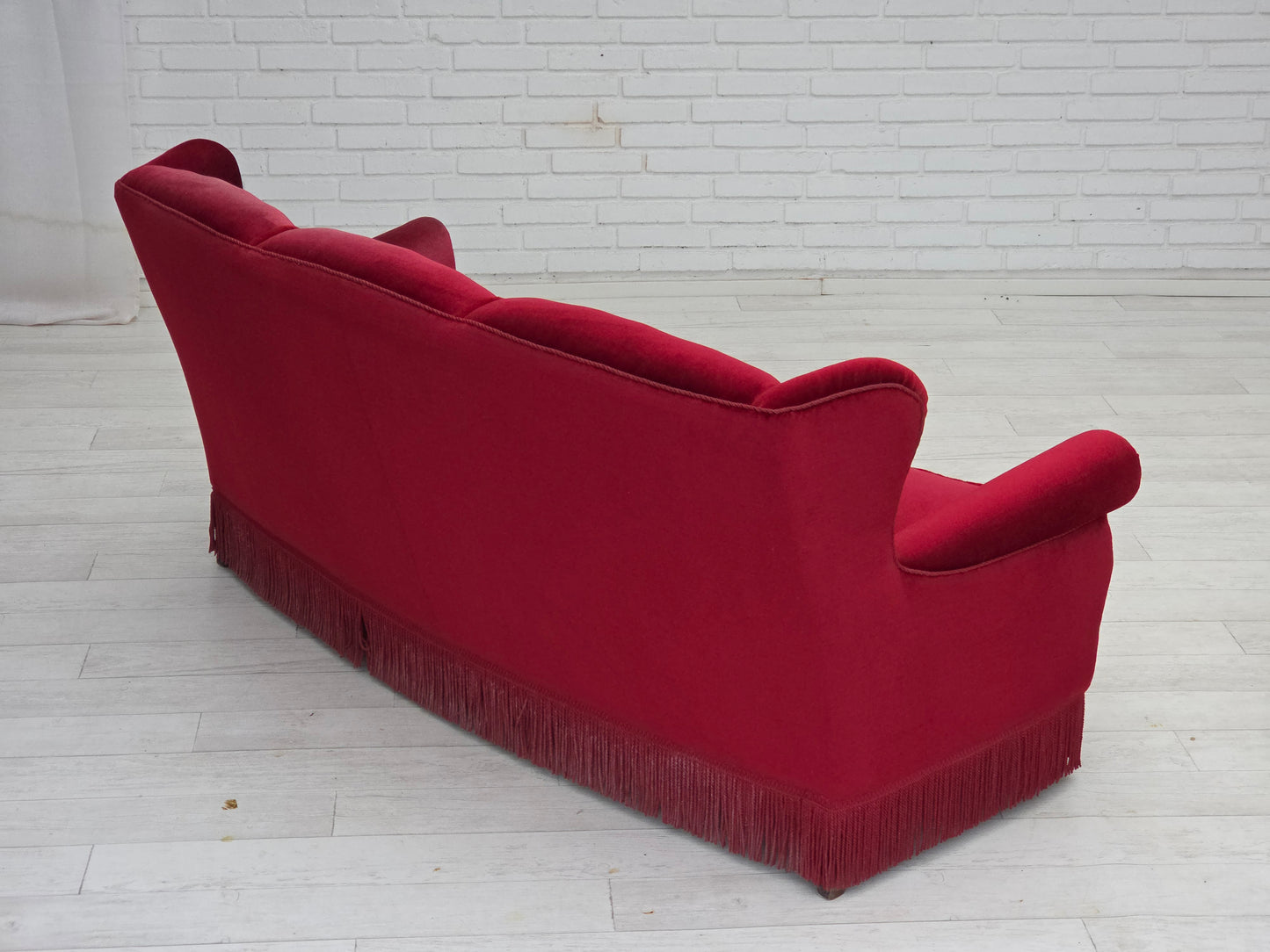 1960s, Danish 3-seater curved sofa, red furniture velour.