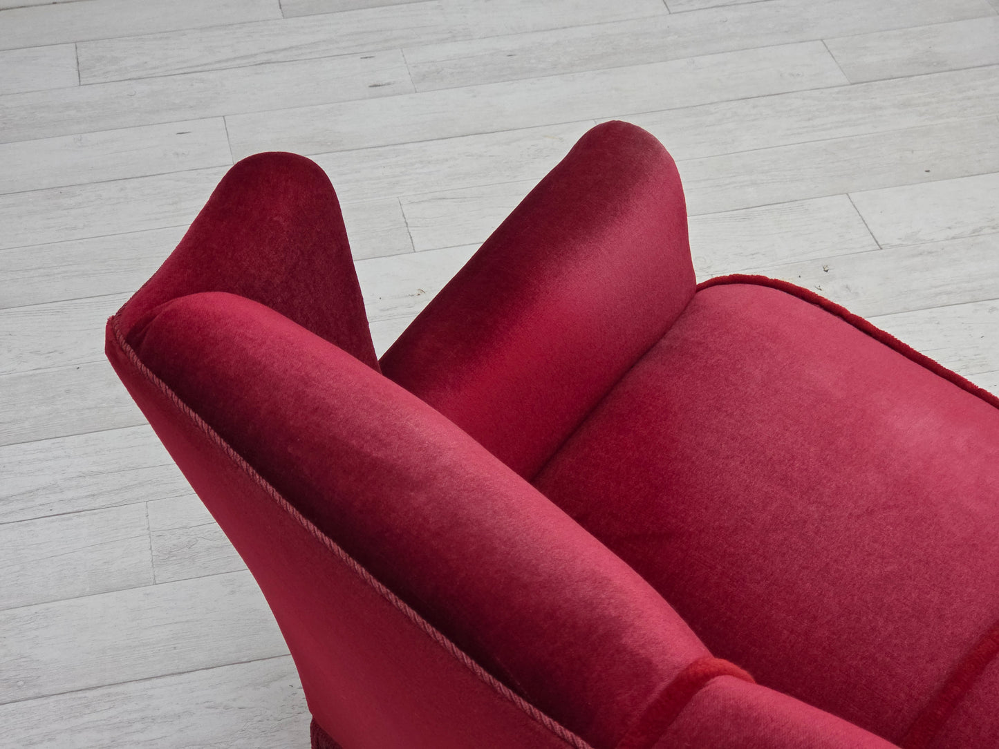 1960s, Danish 3-seater curved sofa, red furniture velour.