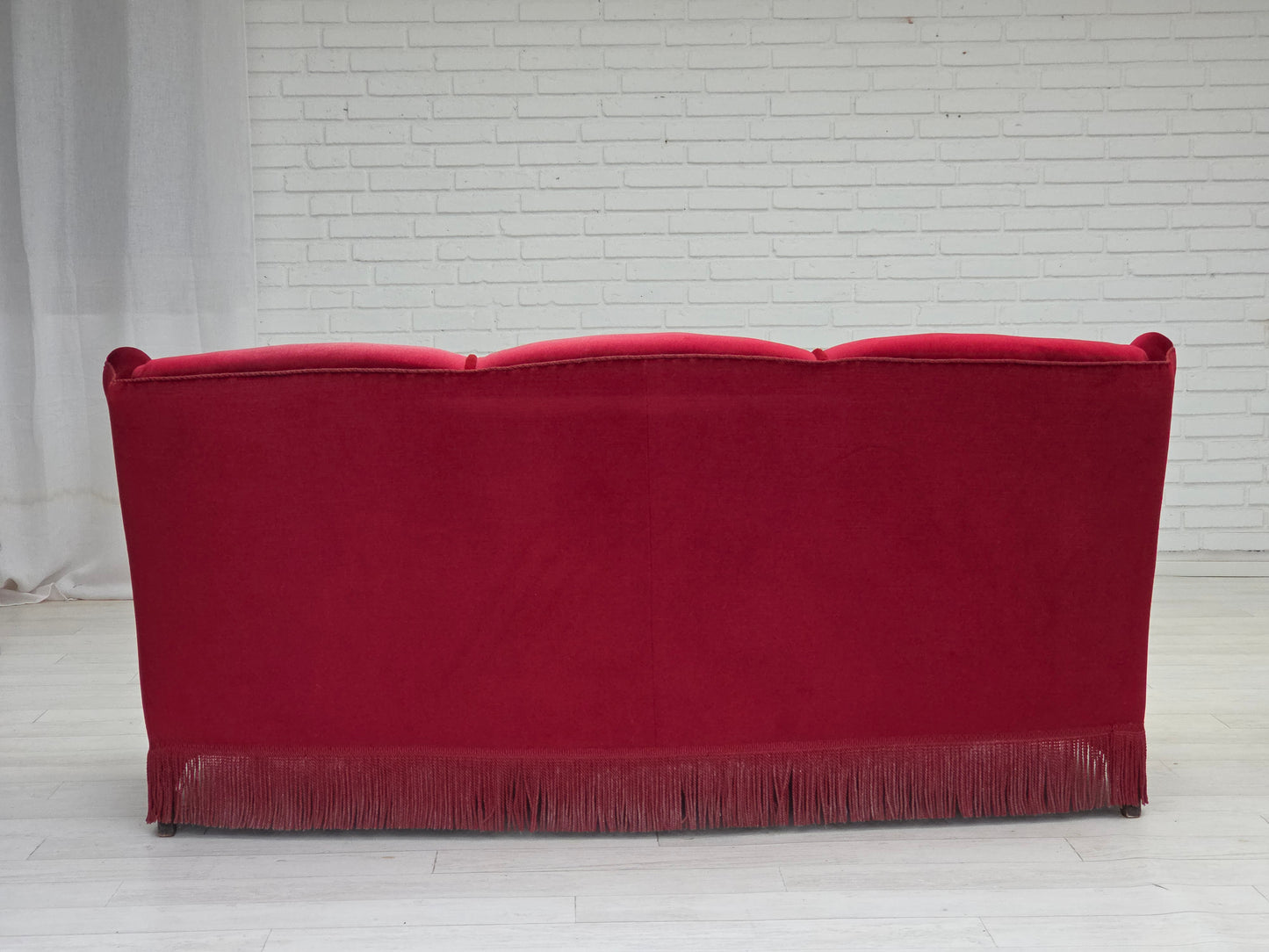 1960s, Danish 3-seater curved sofa, red furniture velour.