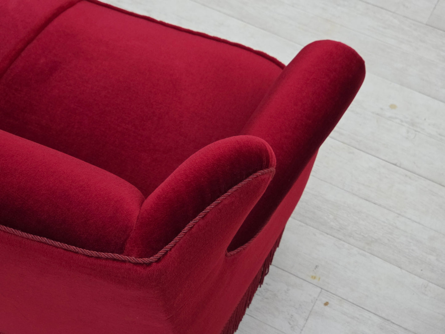 1960s, Danish 3-seater curved sofa, red furniture velour.