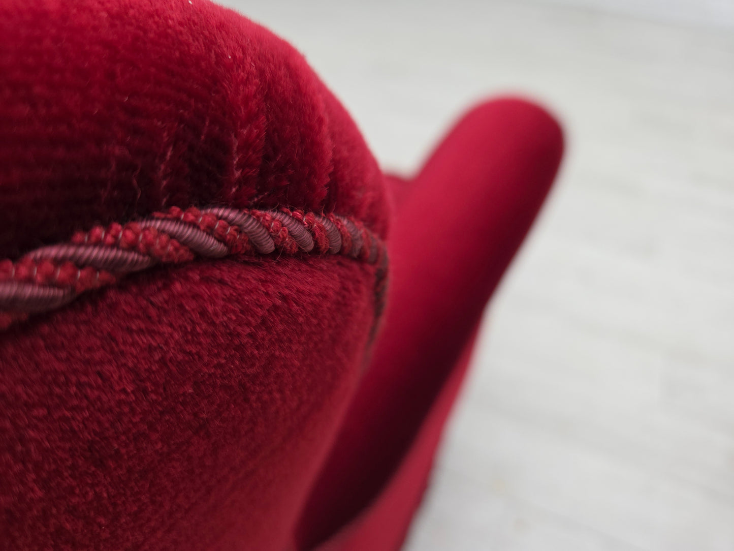 1960s, Danish 3-seater curved sofa, red furniture velour.