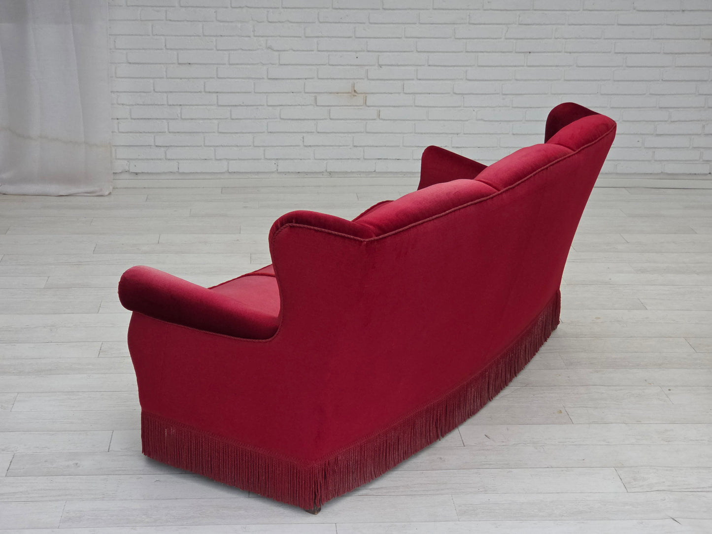 1960s, Danish 3-seater curved sofa, red furniture velour.