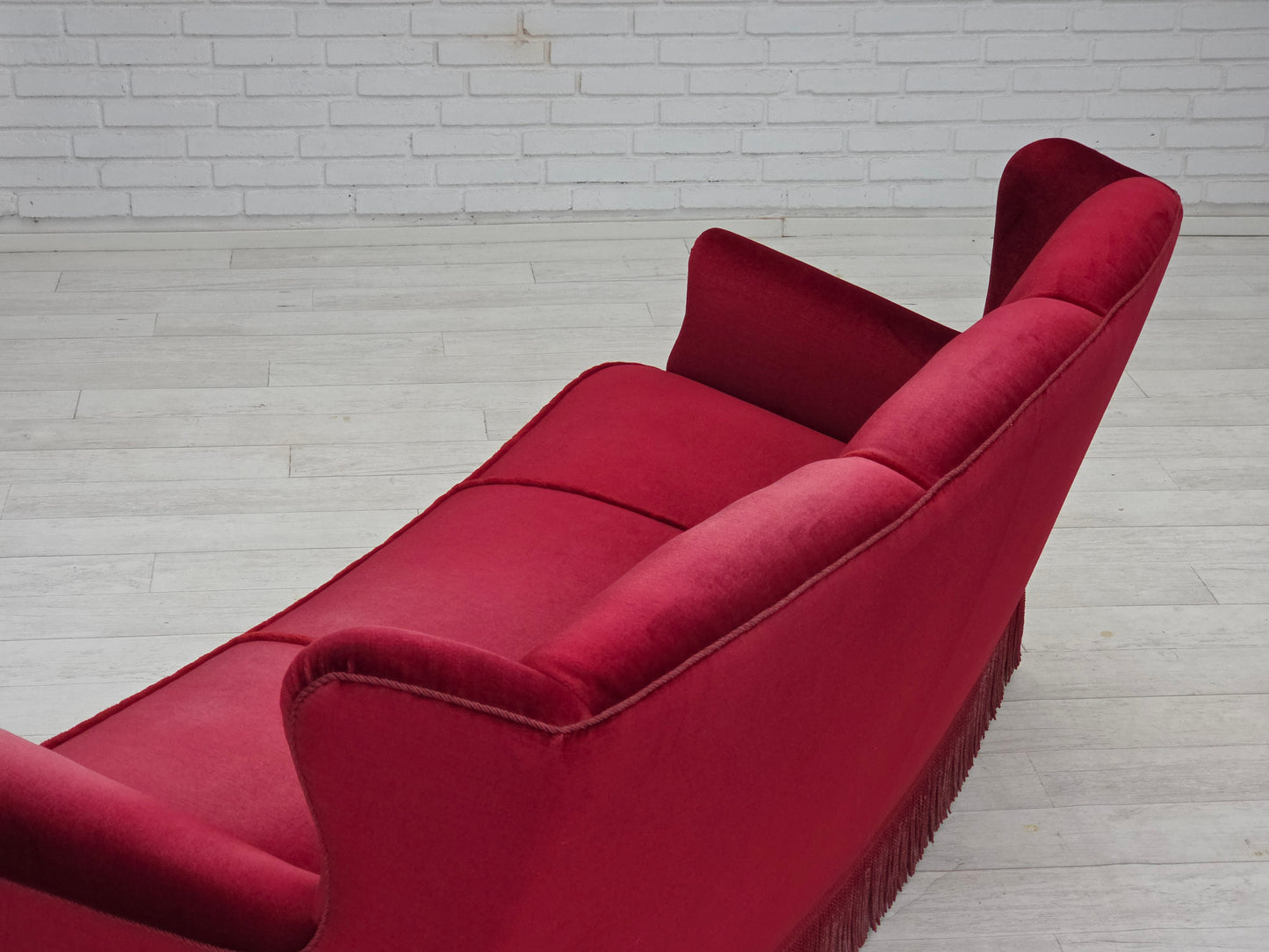 1960s, Danish 3-seater curved sofa, red furniture velour.