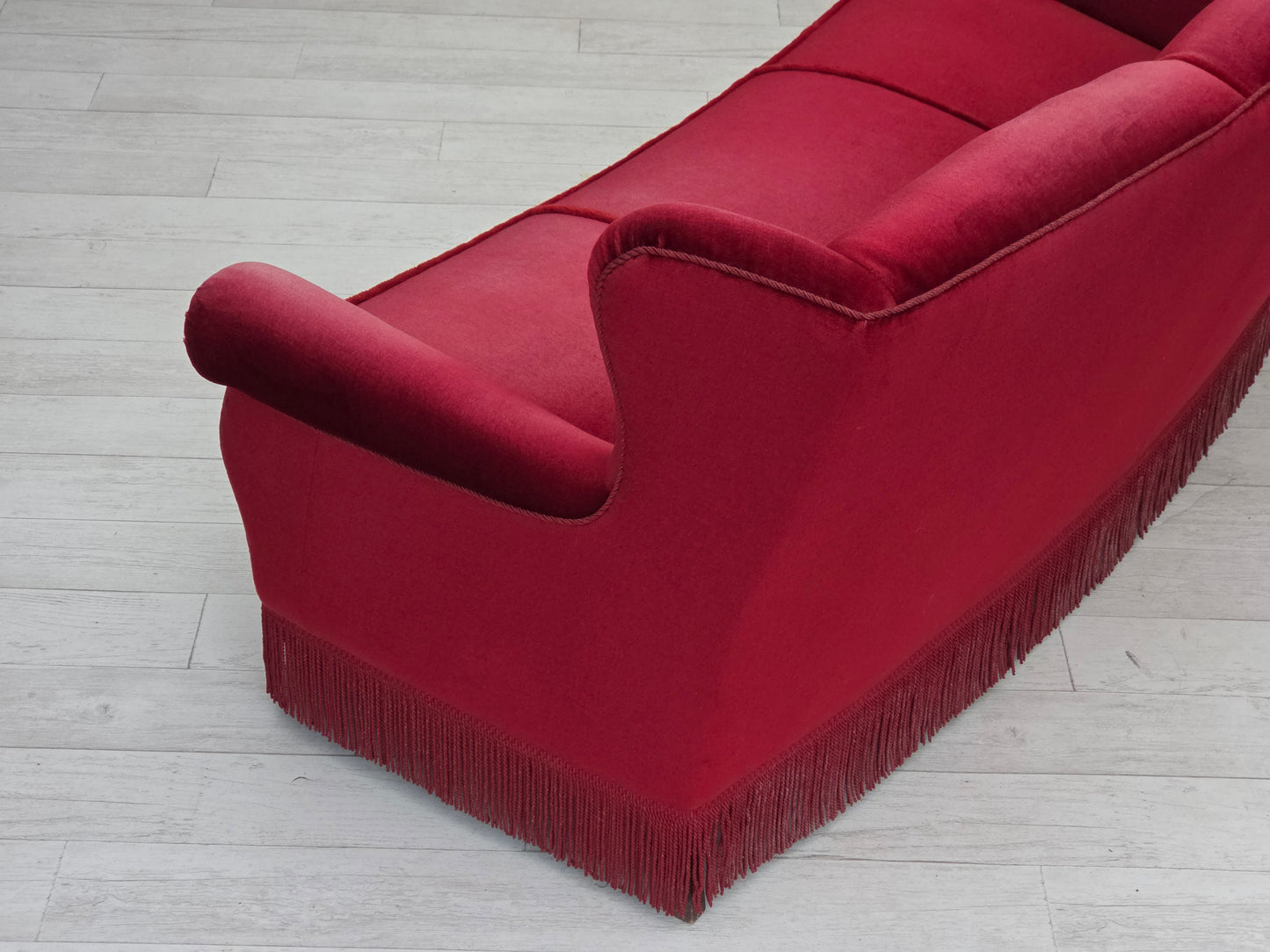 1960s, Danish 3-seater curved sofa, red furniture velour.