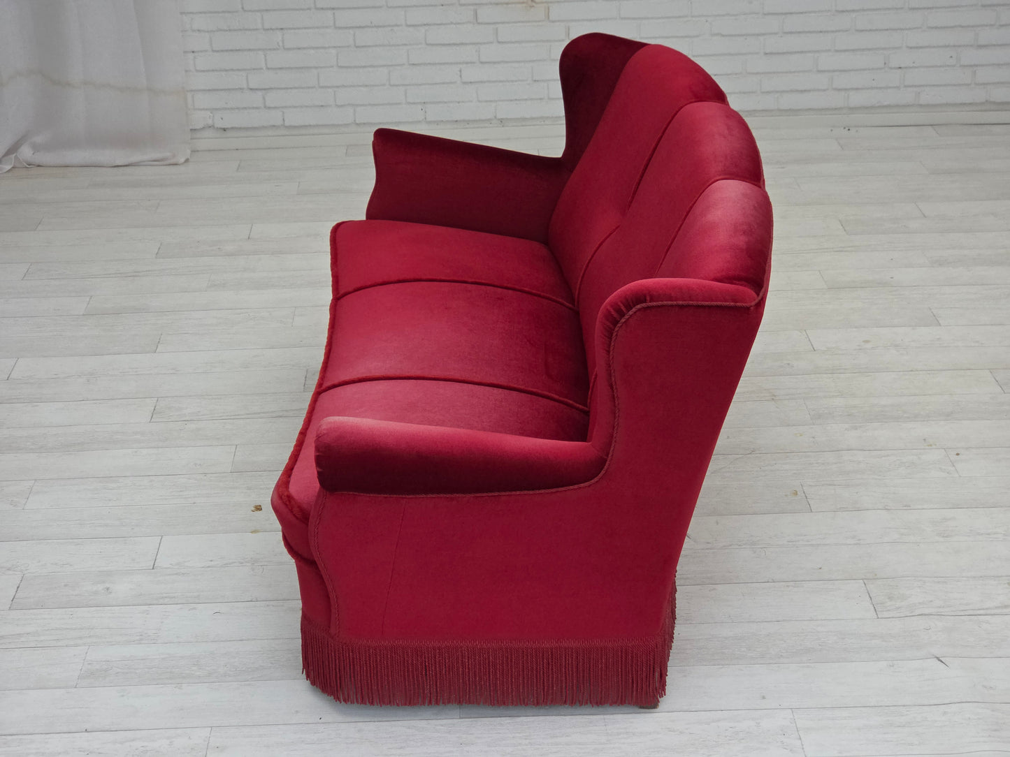 1960s, Danish 3-seater curved sofa, red furniture velour.