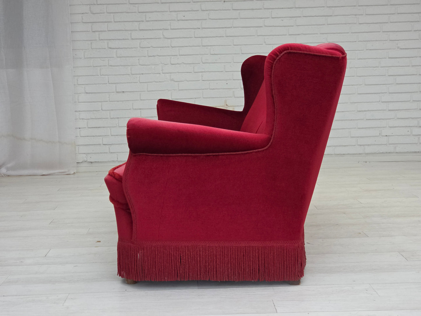 1960s, Danish 3-seater curved sofa, red furniture velour.