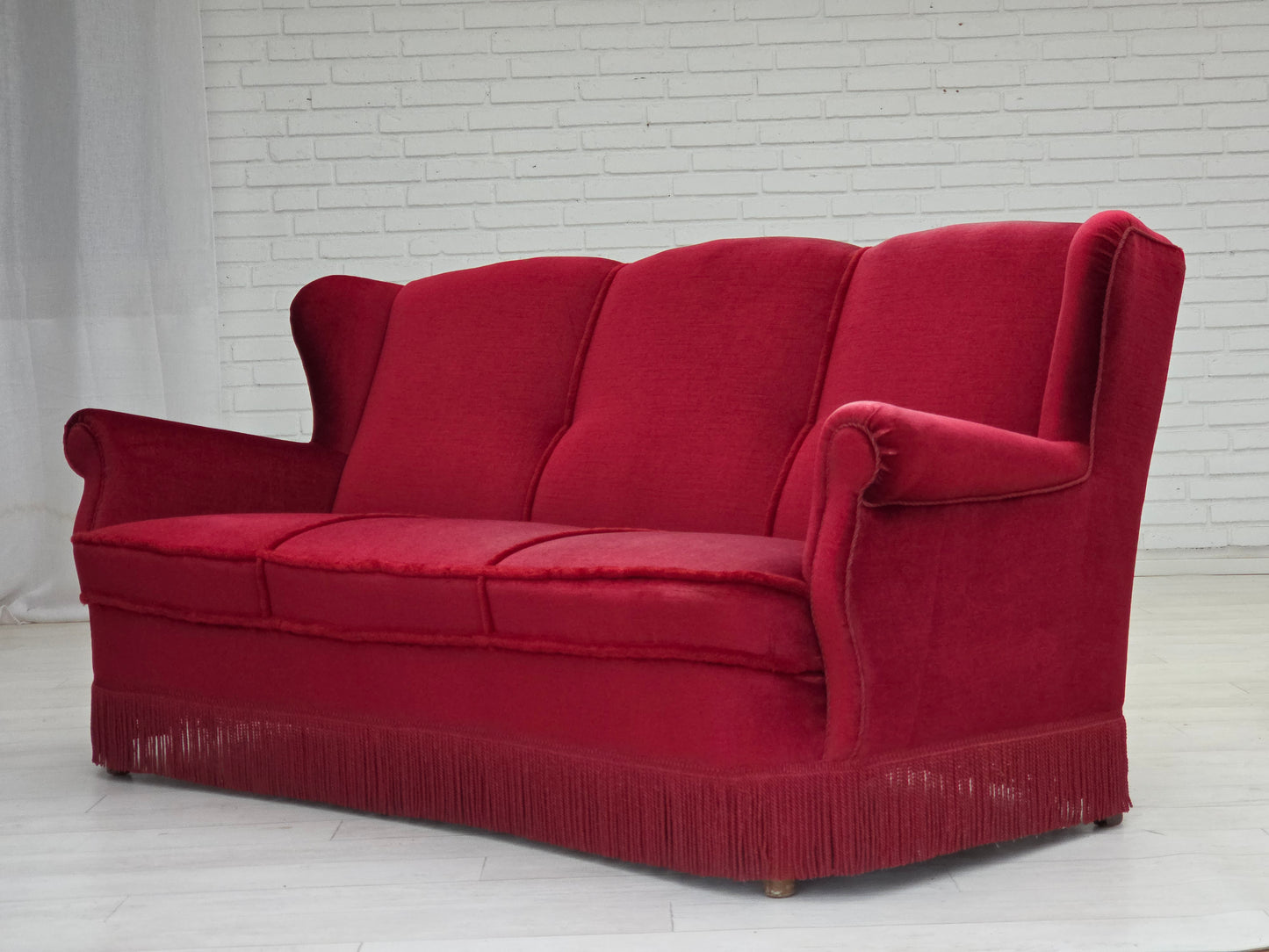 1960s, Danish 3-seater curved sofa, red furniture velour.