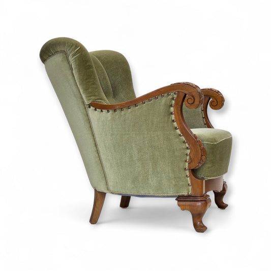 1960s, Danish armchair, green furniture velour, carved oak wood.