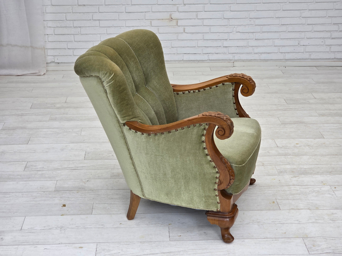 1960s, Danish armchair, green furniture velour, carved oak wood.