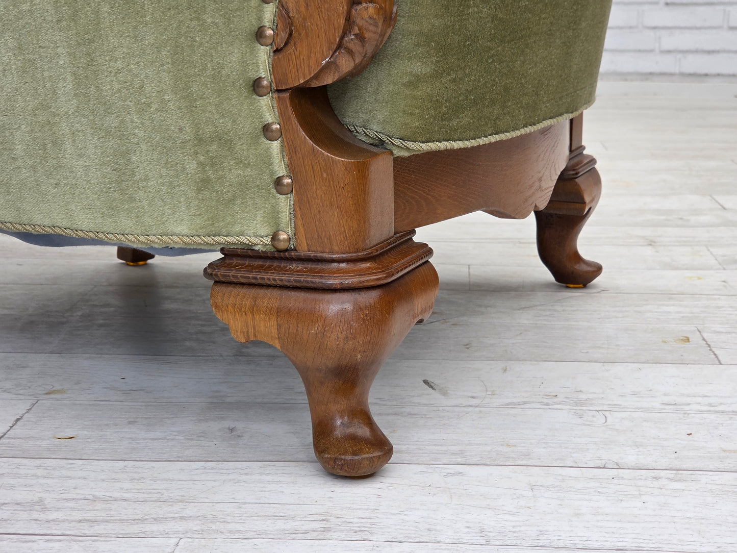 1960s, Danish armchair, green furniture velour, carved oak wood.
