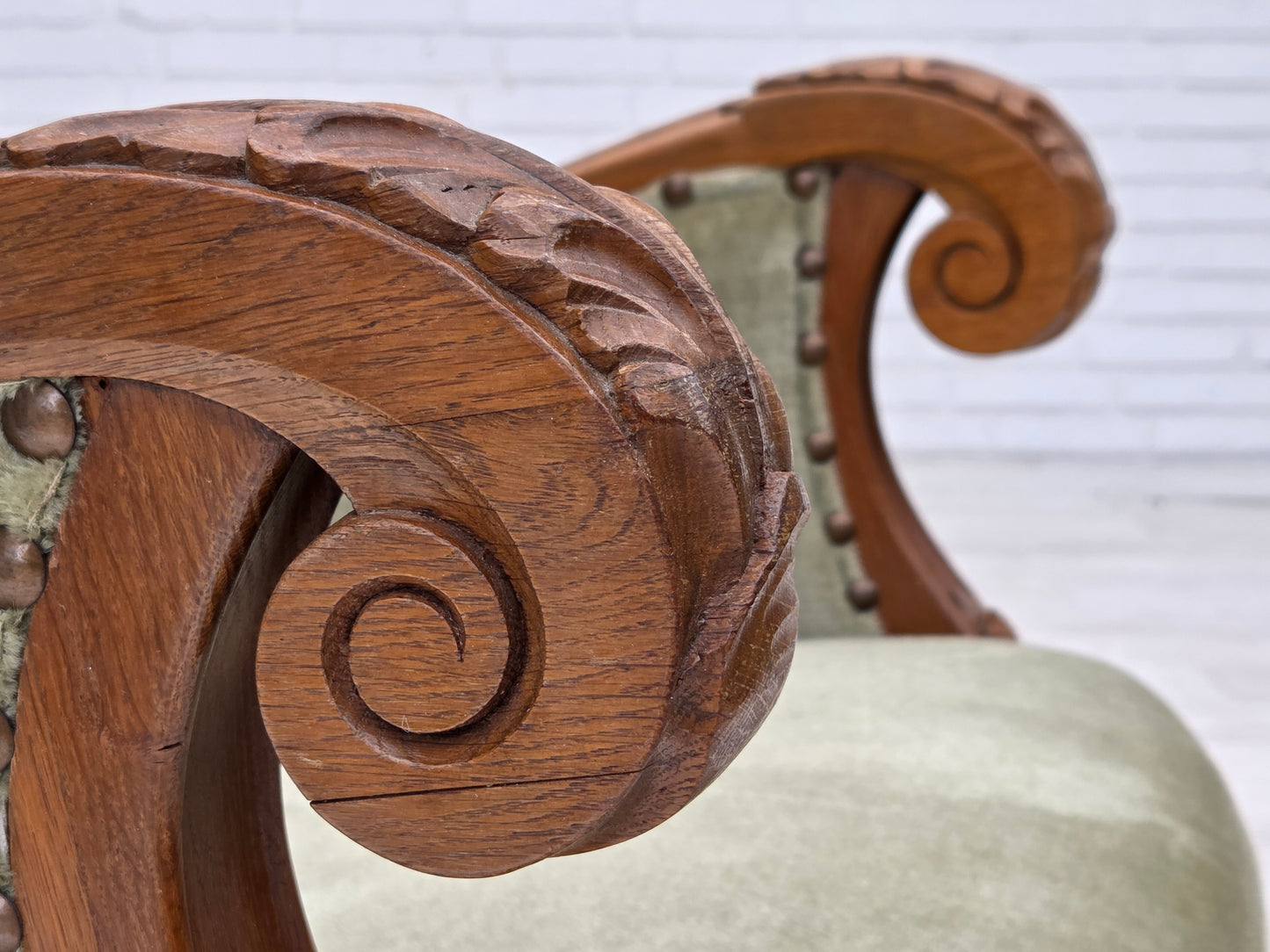 1960s, Danish armchair, green furniture velour, carved oak wood.