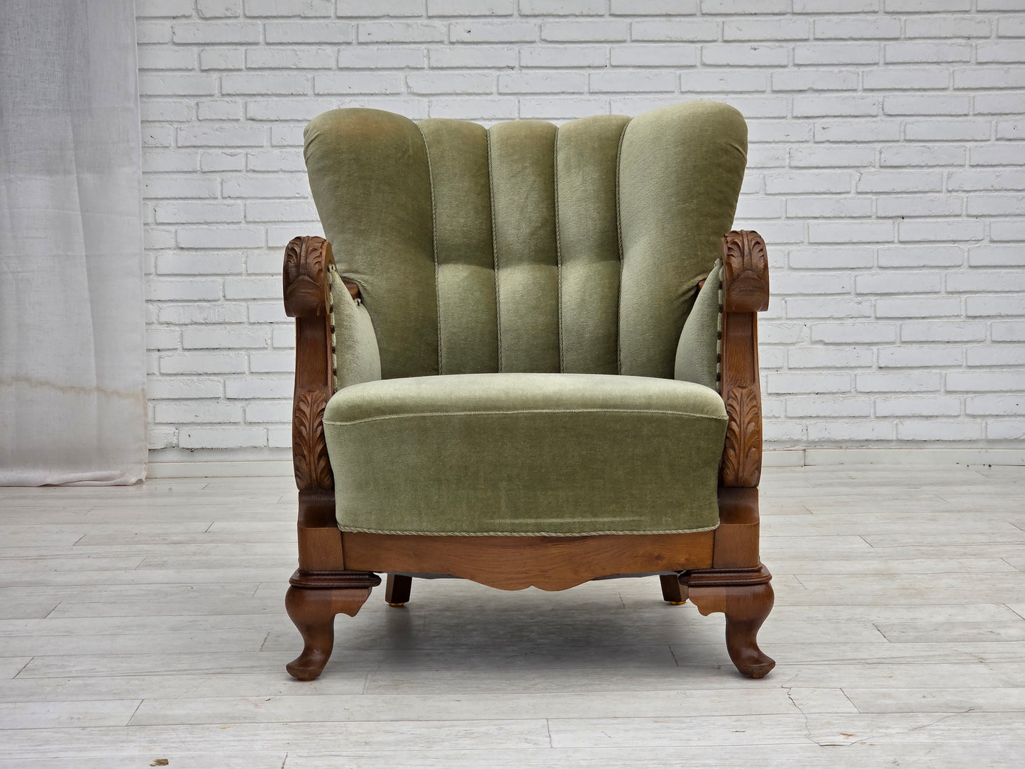 1960s, Danish armchair, green furniture velour, carved oak wood.