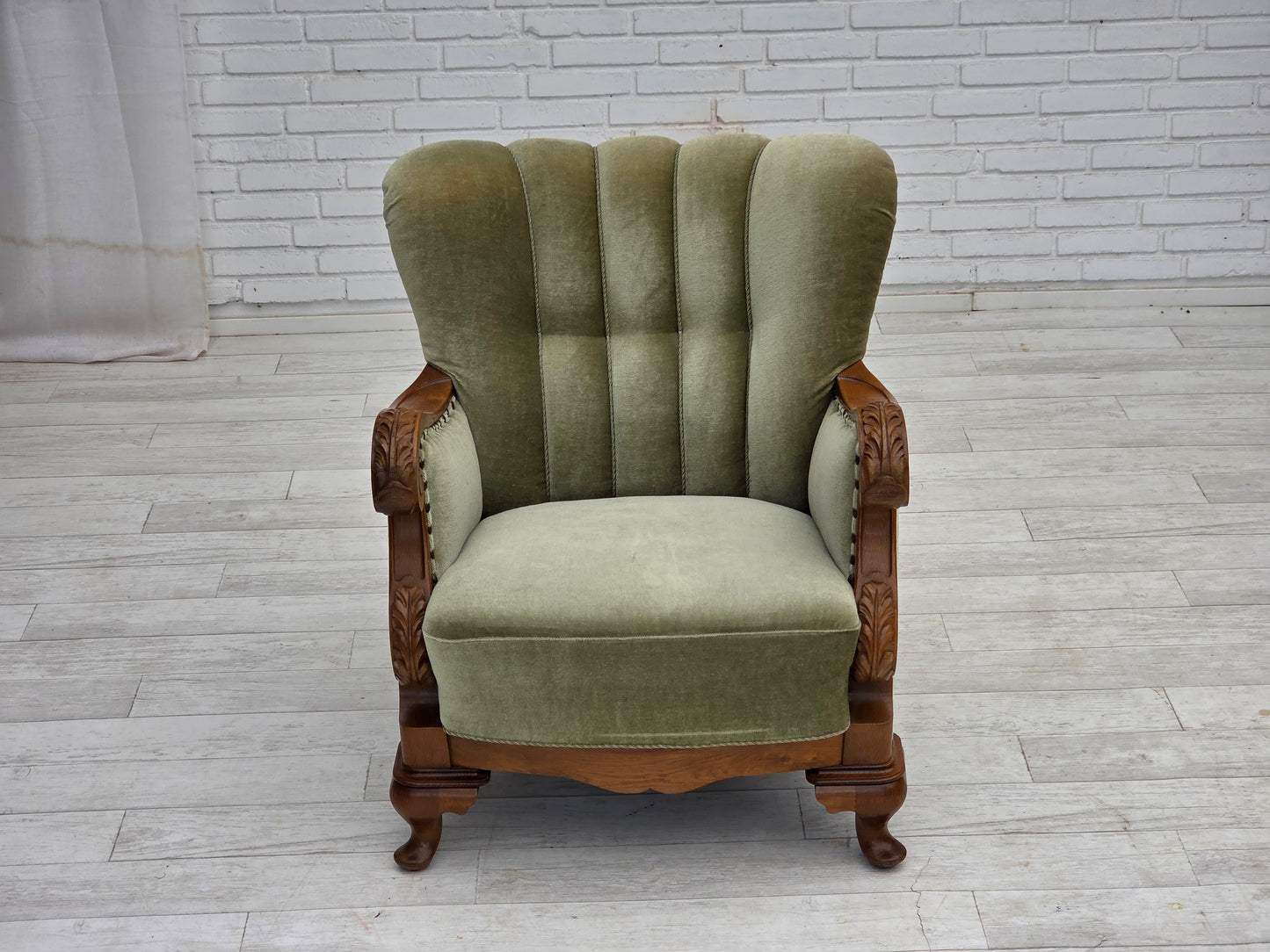 1960s, Danish armchair, green furniture velour, carved oak wood.