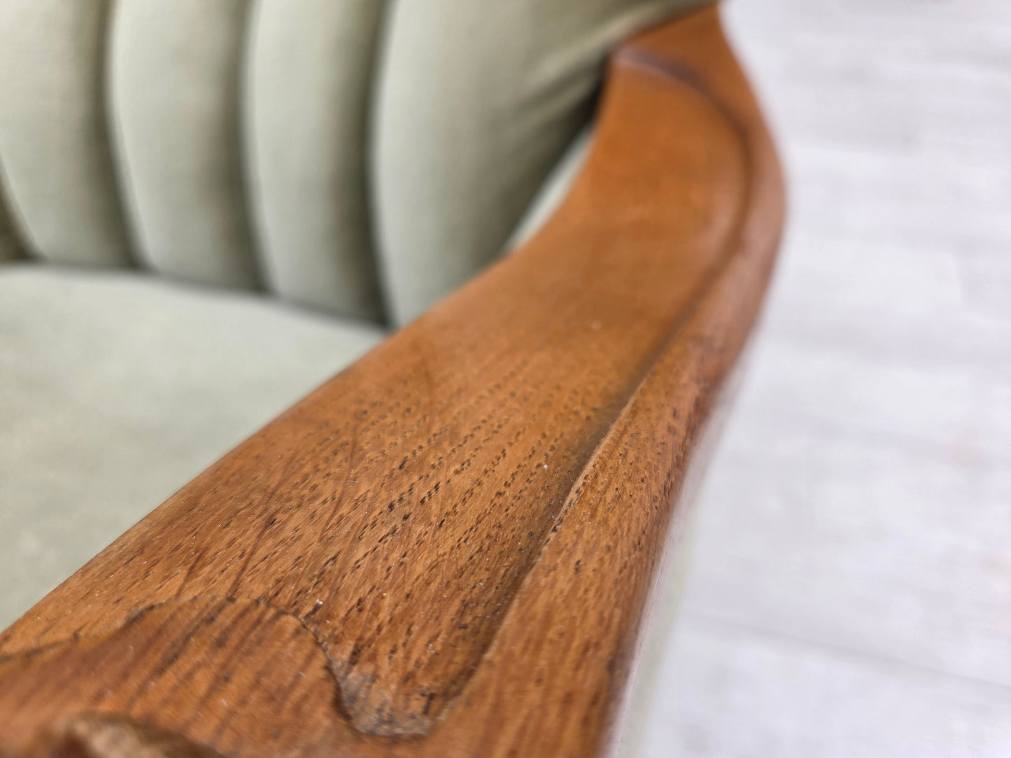 1960s, Danish armchair, green furniture velour, carved oak wood.