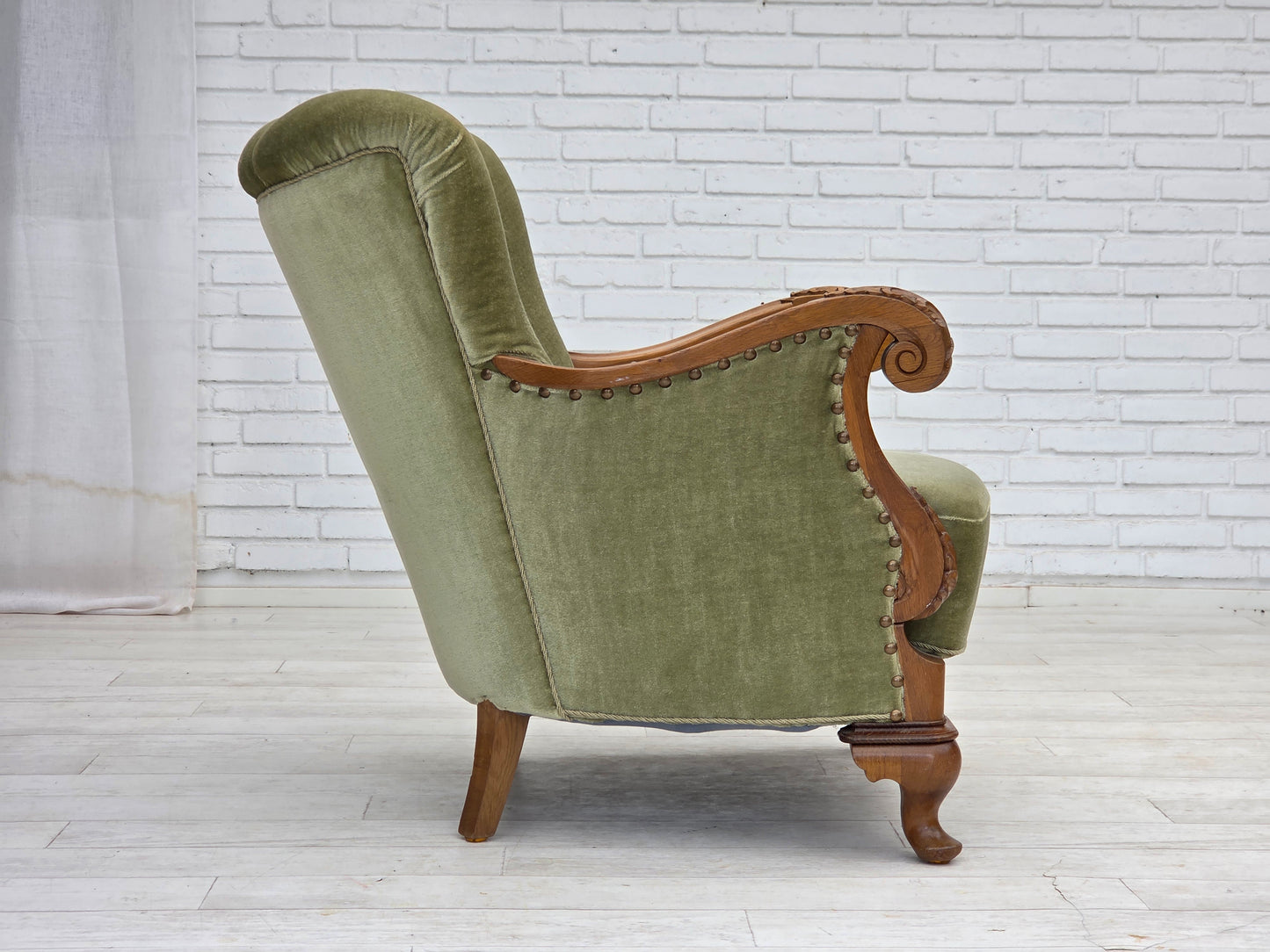 1960s, Danish armchair, green furniture velour, carved oak wood.