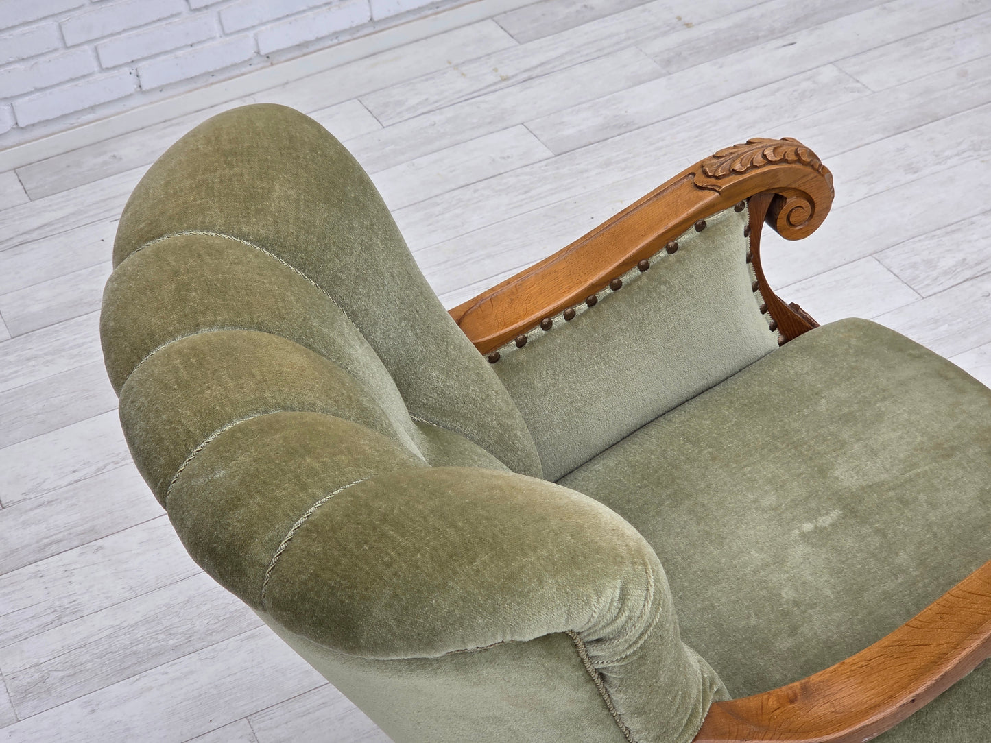 1960s, Danish armchair, green furniture velour, carved oak wood.