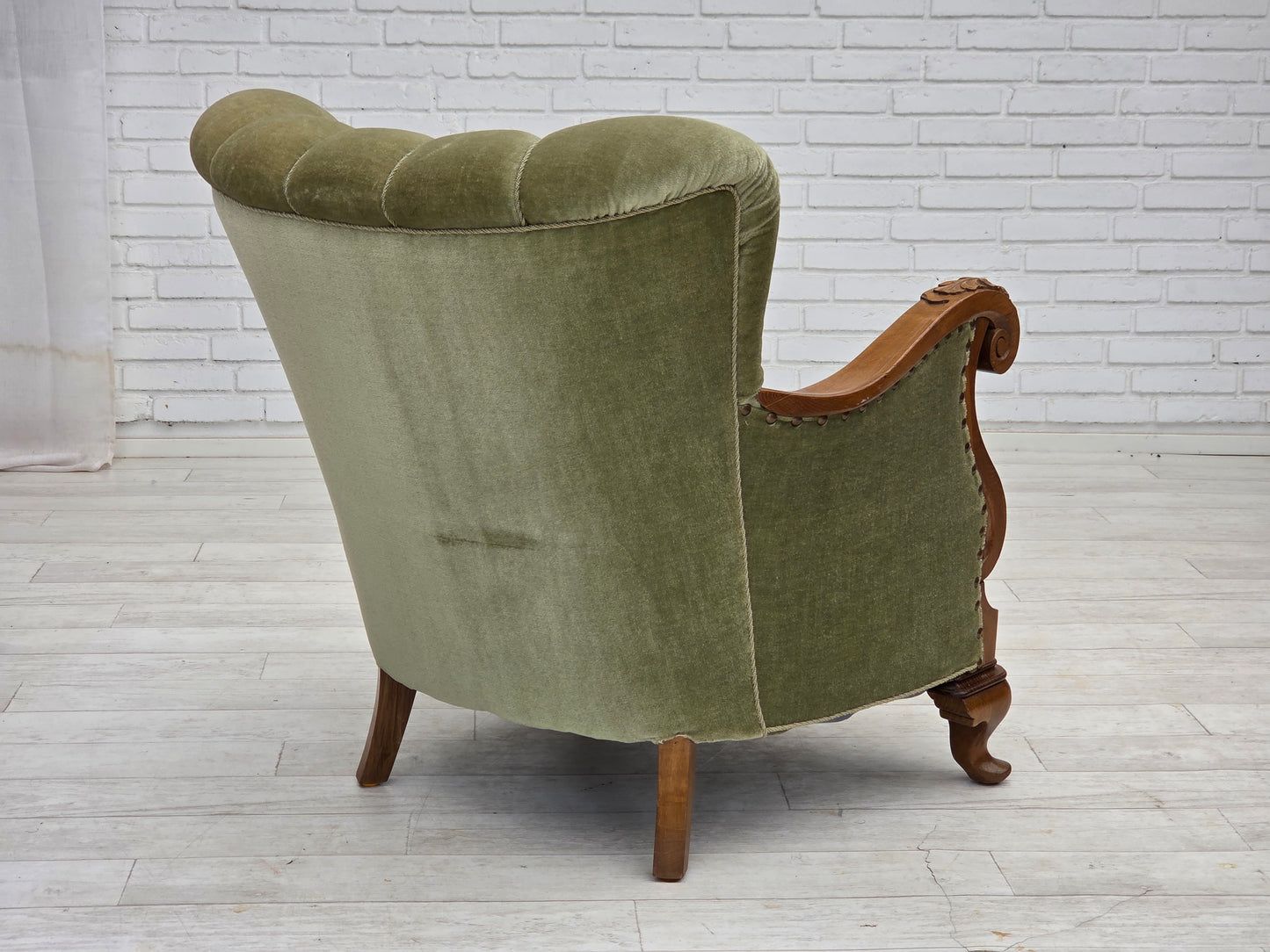1960s, Danish armchair, green furniture velour, carved oak wood.