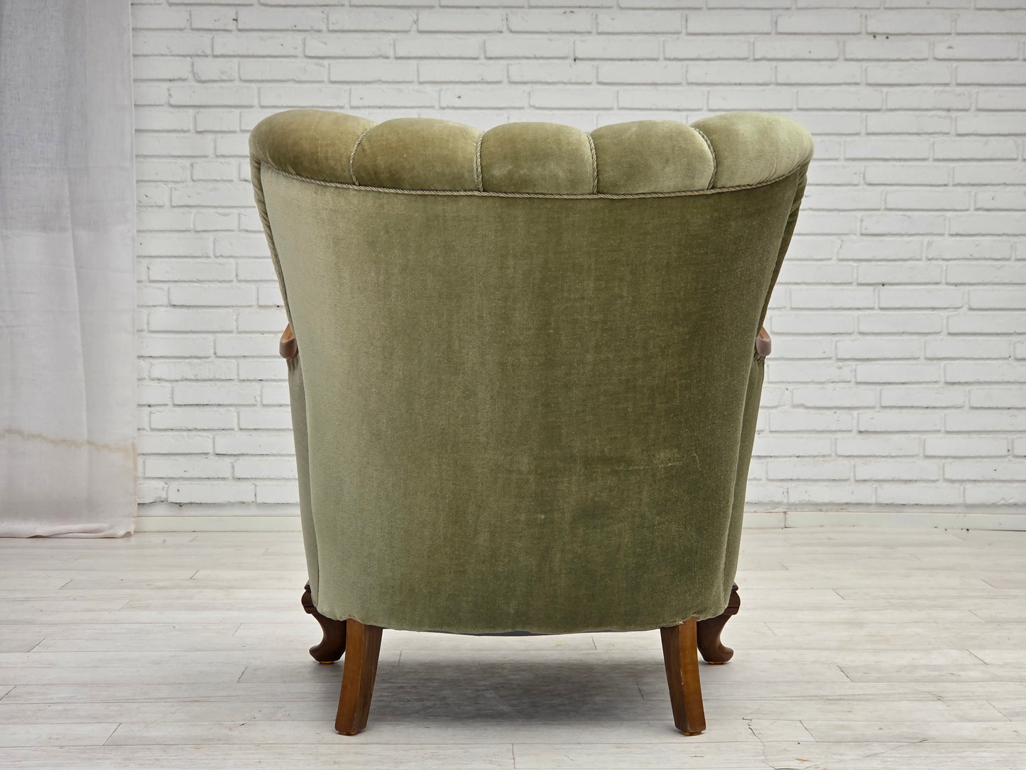 1960s, Danish armchair, green furniture velour, carved oak wood.