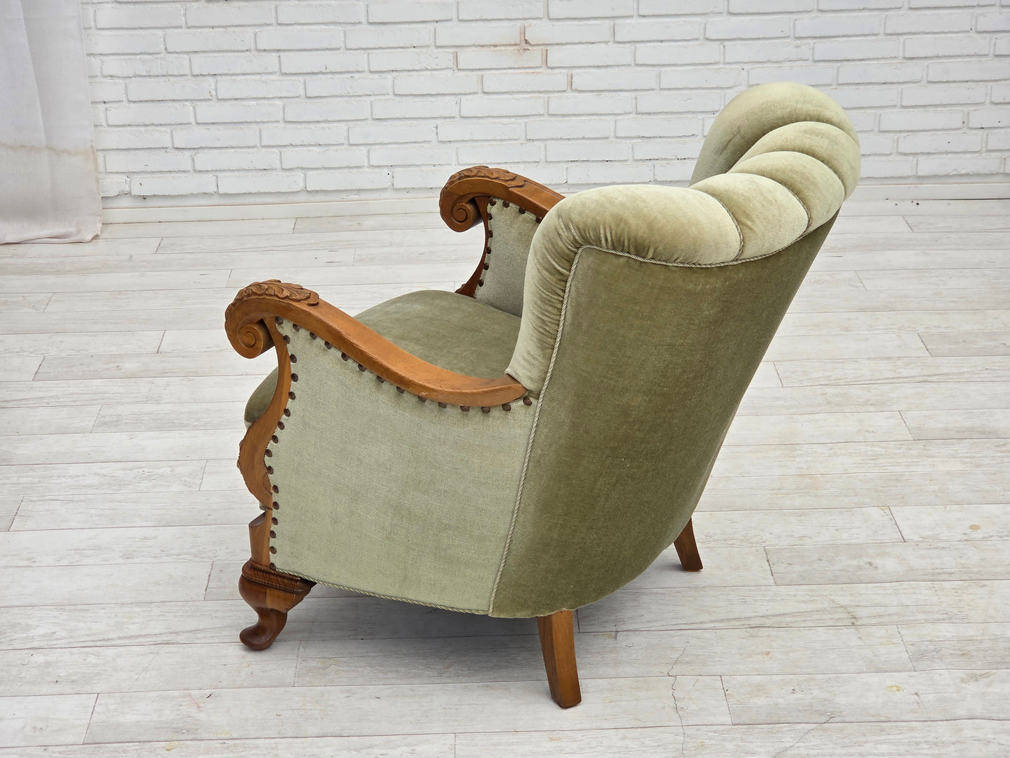 1960s, Danish armchair, green furniture velour, carved oak wood.