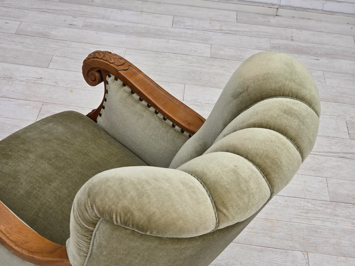1960s, Danish armchair, green furniture velour, carved oak wood.