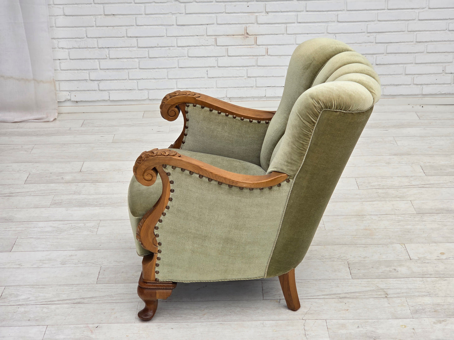 1960s, Danish armchair, green furniture velour, carved oak wood.