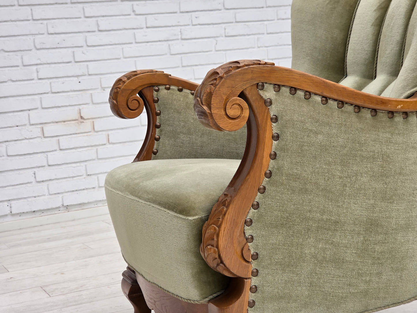 1960s, Danish armchair, green furniture velour, carved oak wood.
