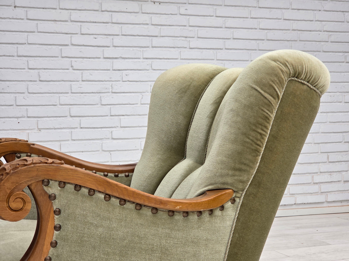 1960s, Danish armchair, green furniture velour, carved oak wood.
