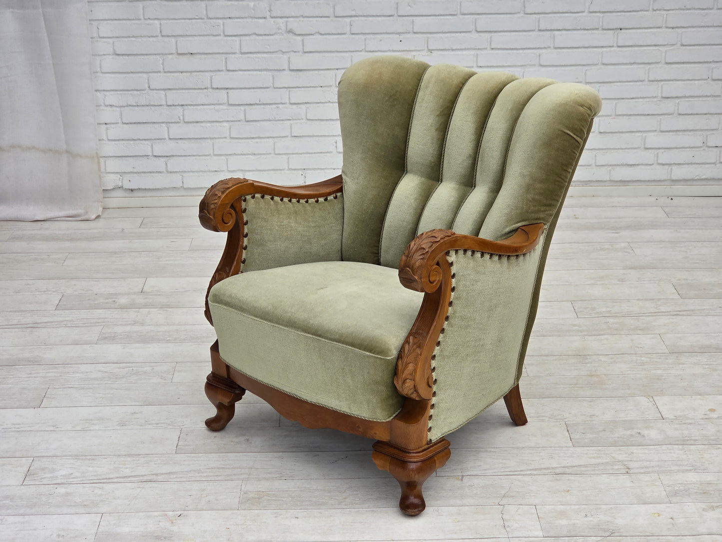 1960s, Danish armchair, green furniture velour, carved oak wood.