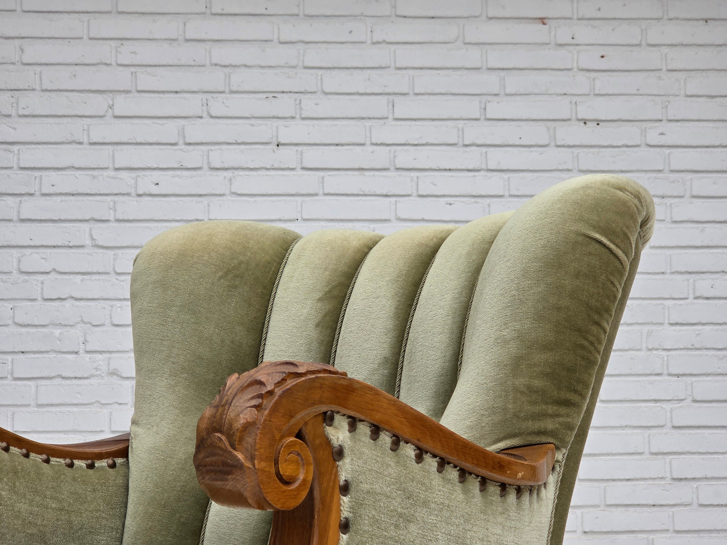 1960s, Danish armchair, green furniture velour, carved oak wood.