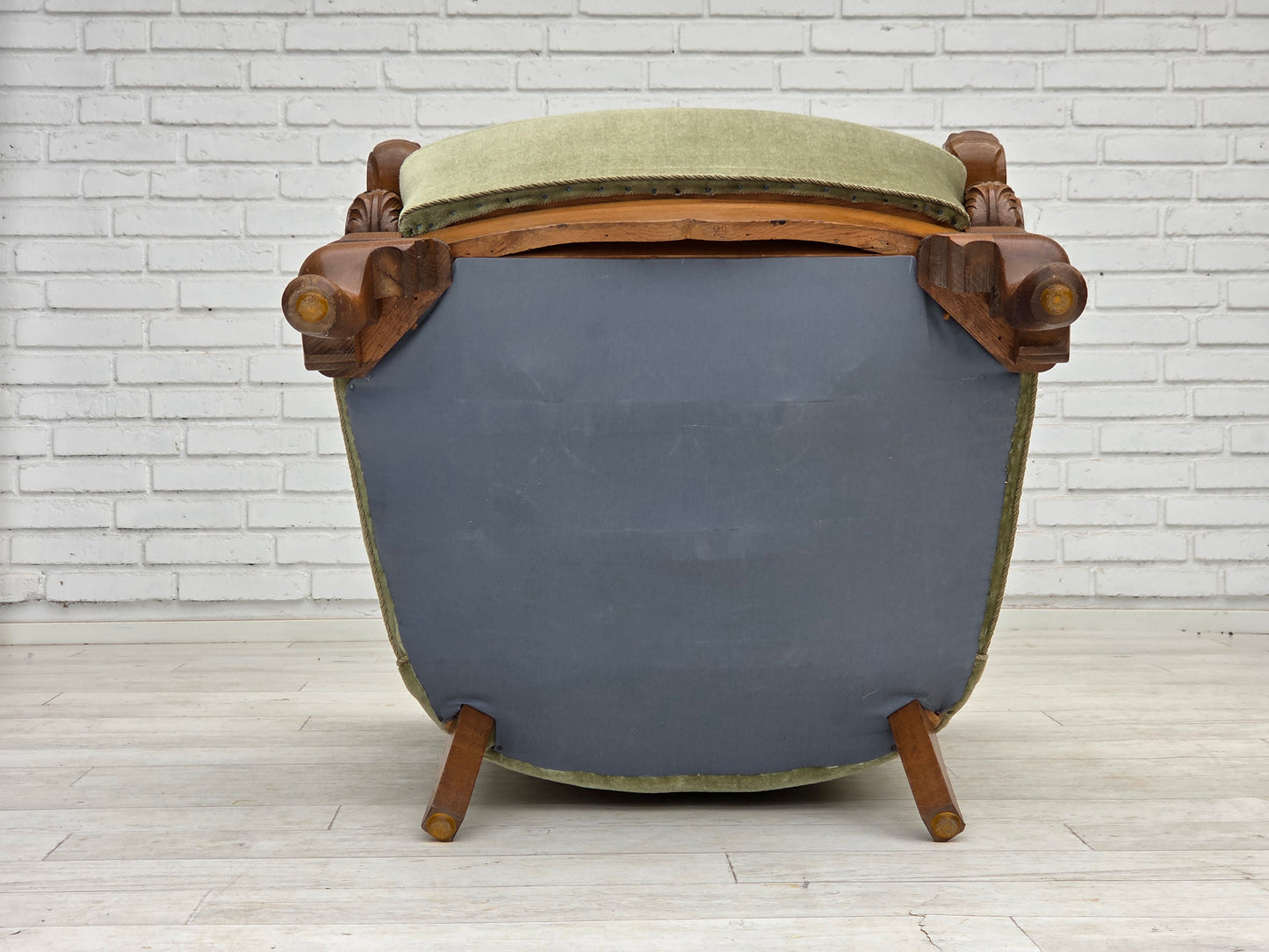 1960s, Danish armchair, green furniture velour, carved oak wood.