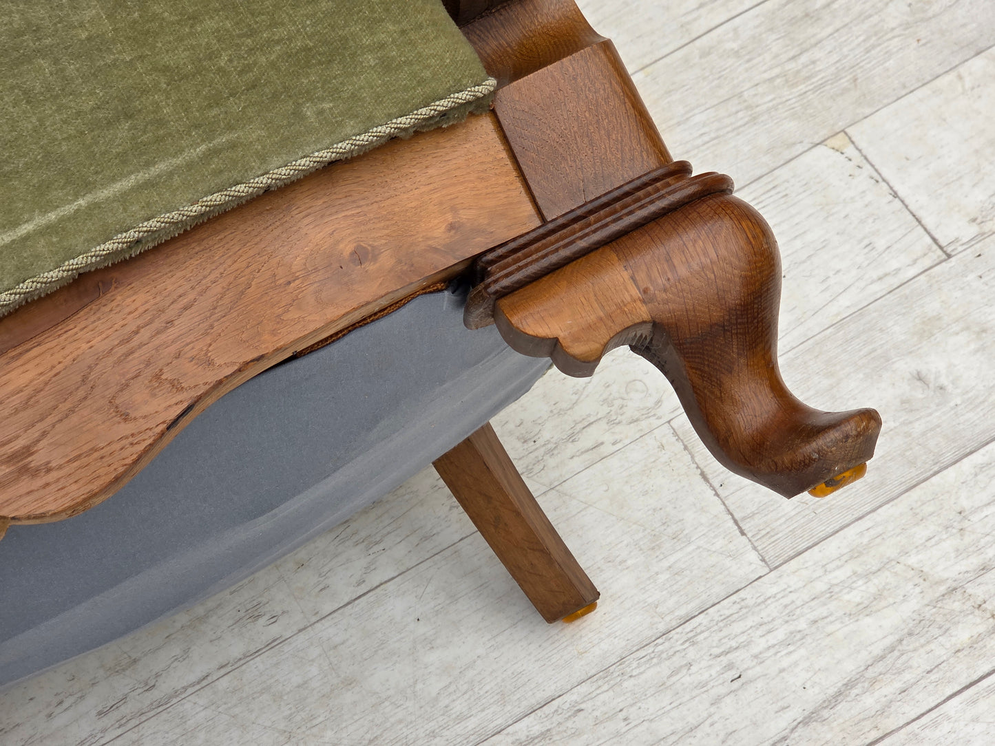 1960s, Danish armchair, green furniture velour, carved oak wood.