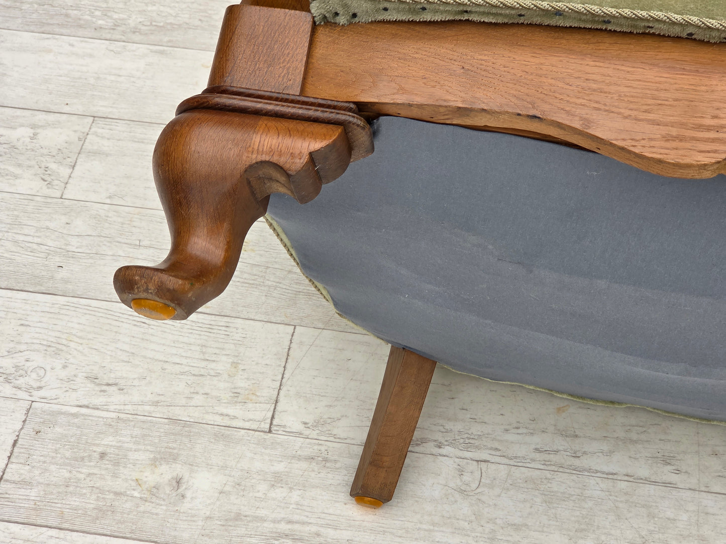 1960s, Danish armchair, green furniture velour, carved oak wood.