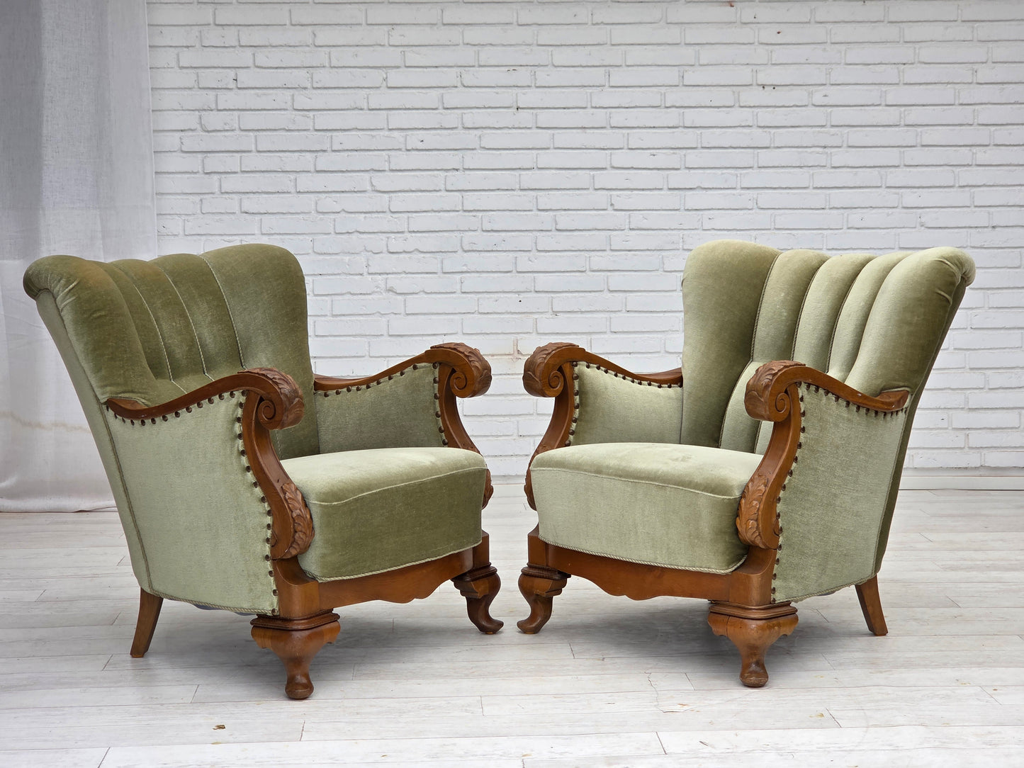 1960s, Danish armchair, green furniture velour, carved oak wood.