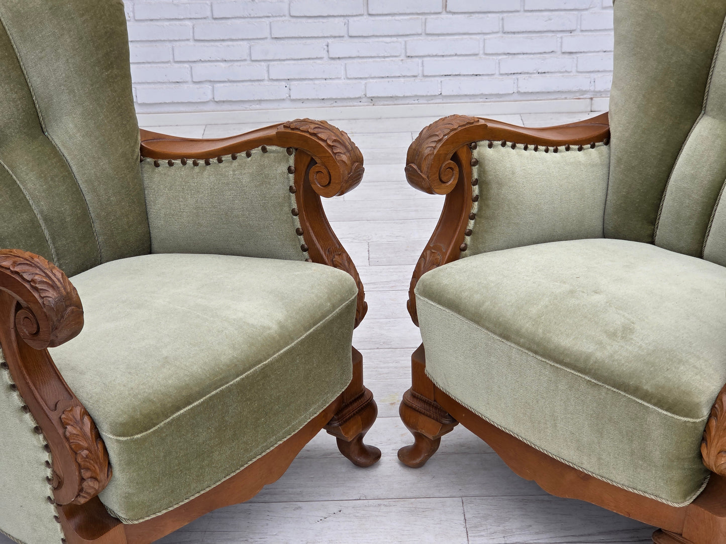 1960s, Danish armchair, green furniture velour, carved oak wood.