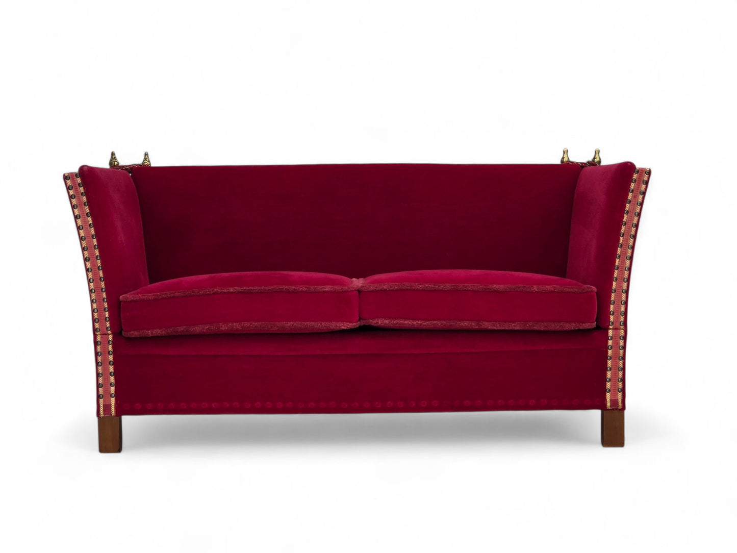 1970s, Danish 2-seater "Spanish" drop arm sofa, cherry-red furniture velour.