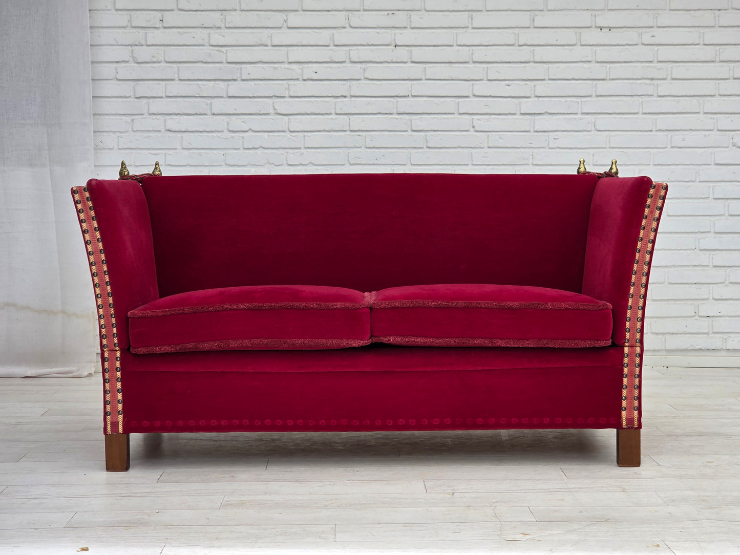 1970s, Danish 2-seater "Spanish" drop arm sofa, cherry-red furniture velour.