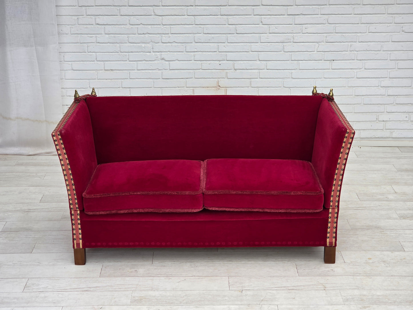 1970s, Danish 2-seater "Spanish" drop arm sofa, cherry-red furniture velour.