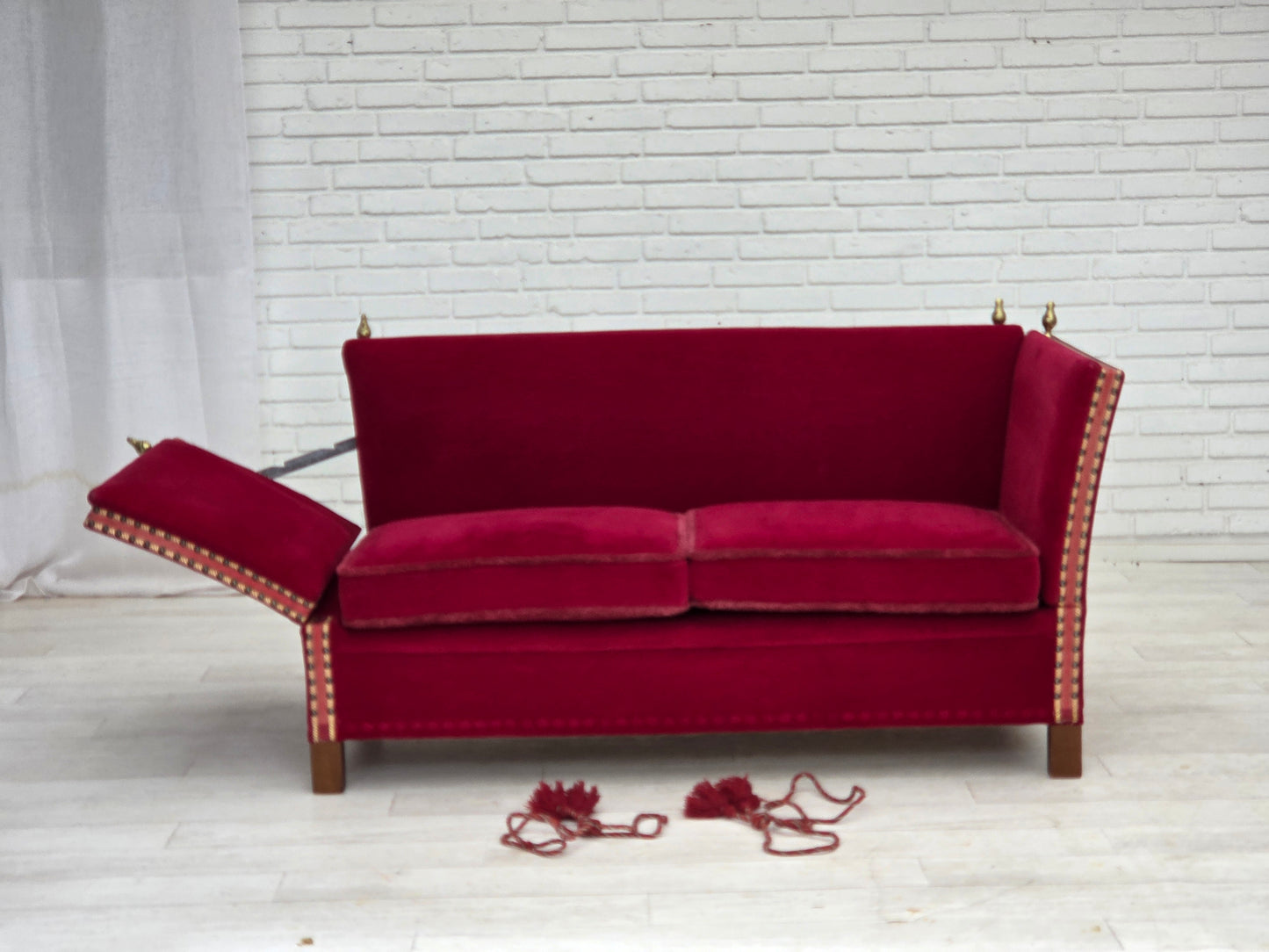 1970s, Danish 2-seater "Spanish" drop arm sofa, cherry-red furniture velour.