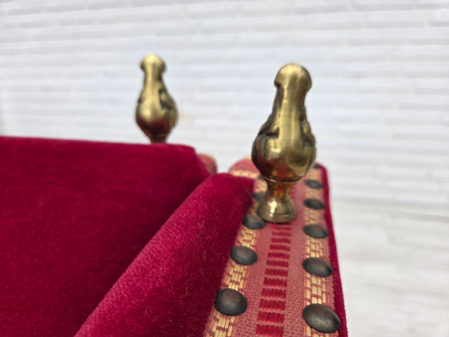 1970s, Danish 2-seater "Spanish" drop arm sofa, cherry-red furniture velour.