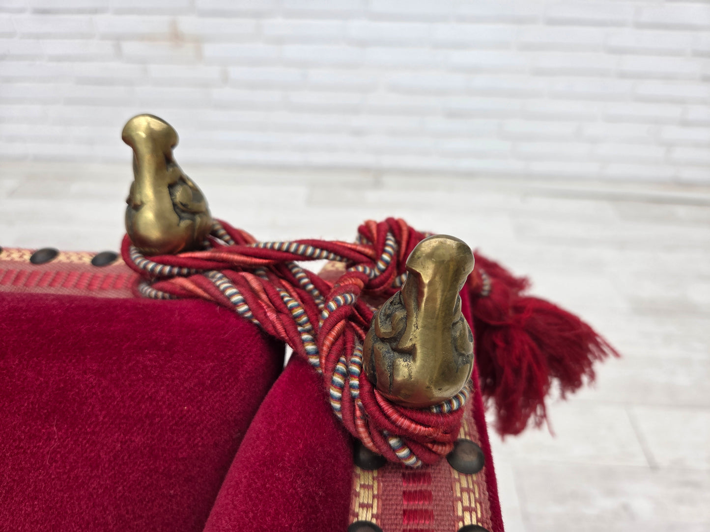 1970s, Danish 2-seater "Spanish" drop arm sofa, cherry-red furniture velour.