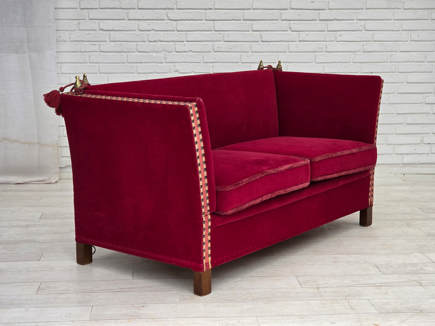 1970s, Danish 2-seater "Spanish" drop arm sofa, cherry-red furniture velour.