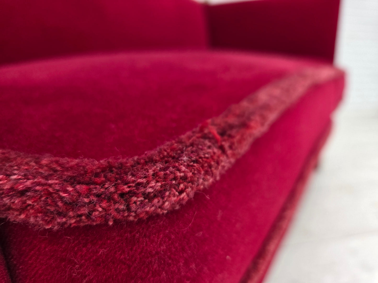 1970s, Danish 2-seater "Spanish" drop arm sofa, cherry-red furniture velour.