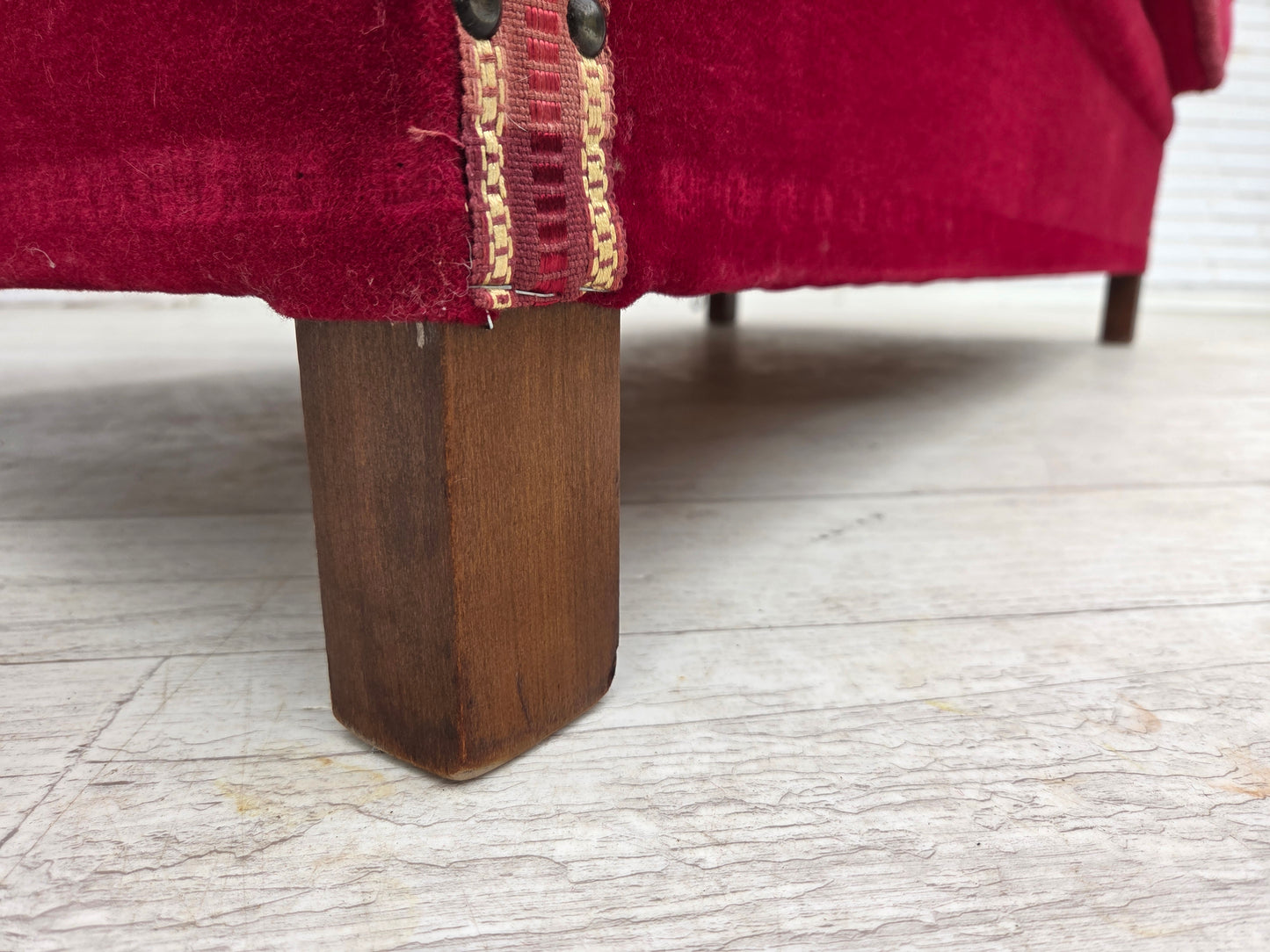 1970s, Danish 2-seater "Spanish" drop arm sofa, cherry-red furniture velour.