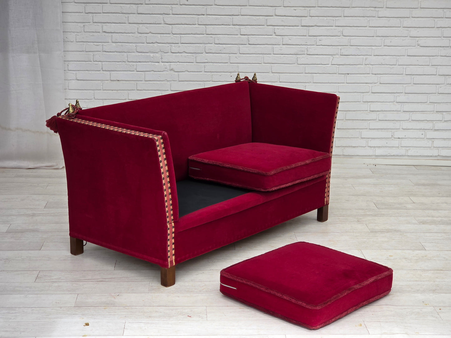 1970s, Danish 2-seater "Spanish" drop arm sofa, cherry-red furniture velour.