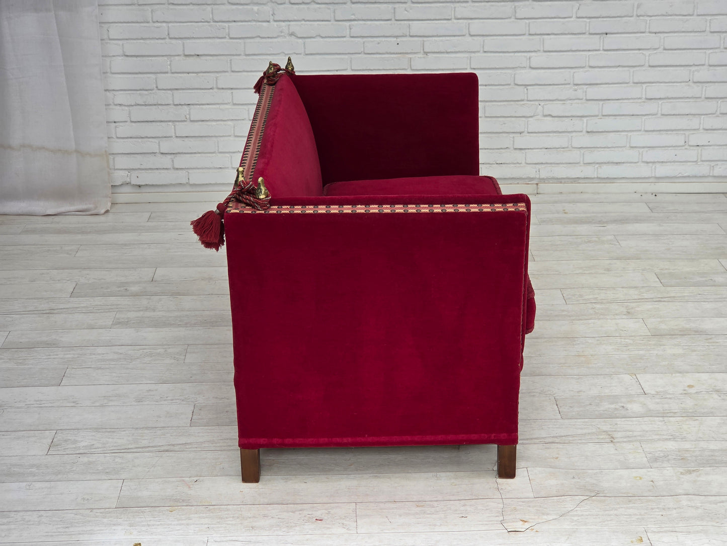 1970s, Danish 2-seater "Spanish" drop arm sofa, cherry-red furniture velour.
