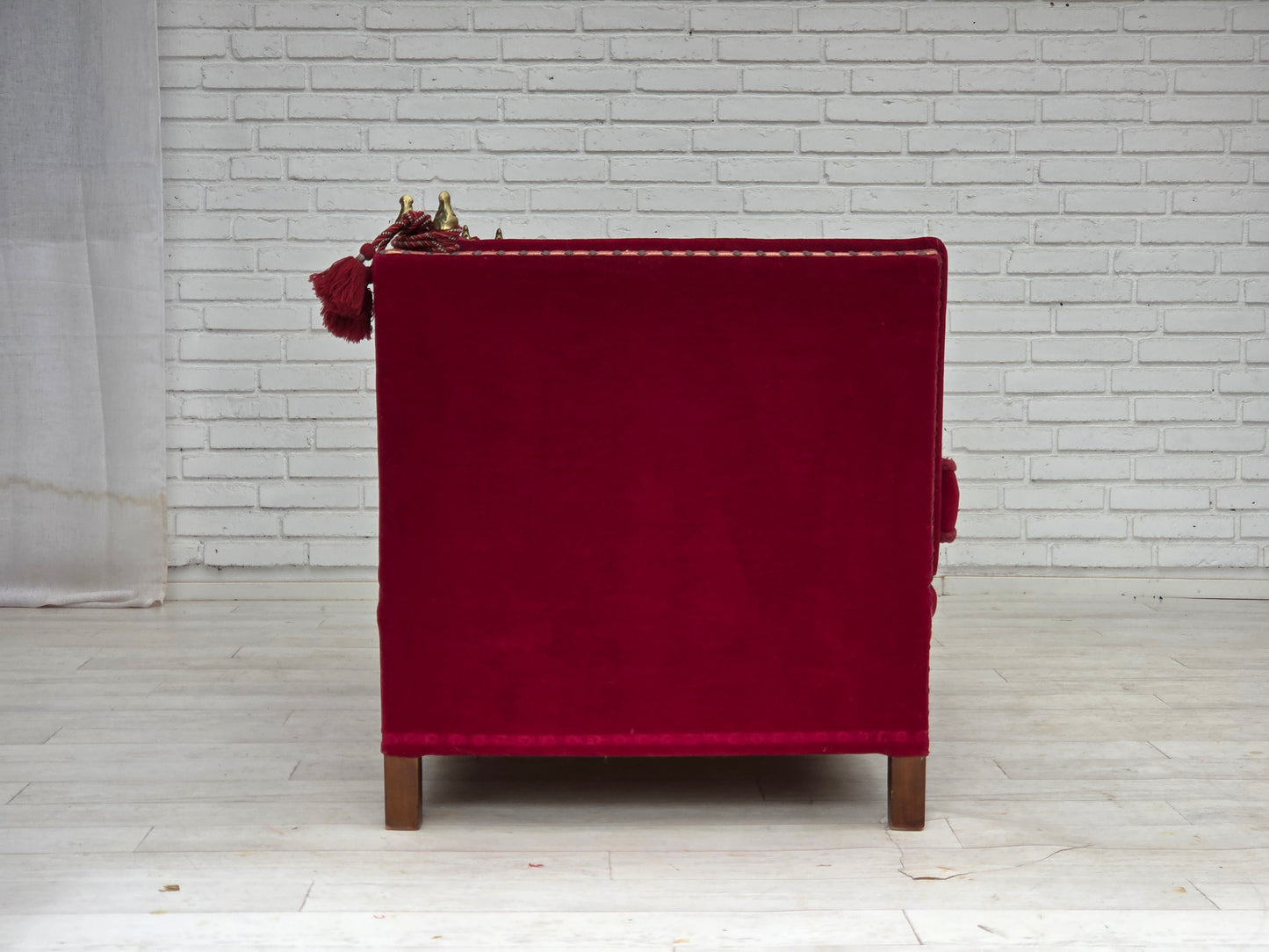 1970s, Danish 2-seater "Spanish" drop arm sofa, cherry-red furniture velour.